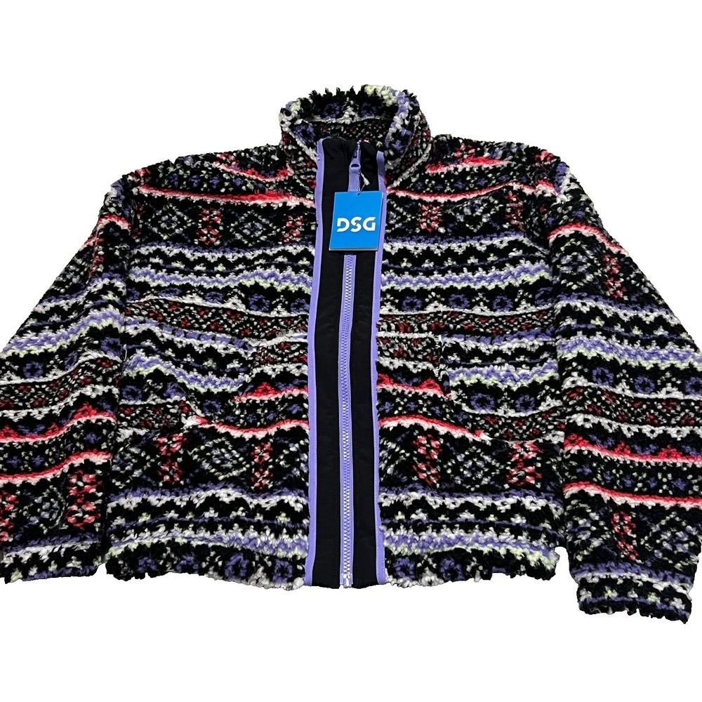 DSG Cozy Fleece Full Zip Girls M Funky Fair Isle Black Purple Pink Jacket NWT